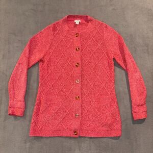 LL Bean Womens Red Pink Long Button Down Cardigan Diamond Knit 100% Cotton Small